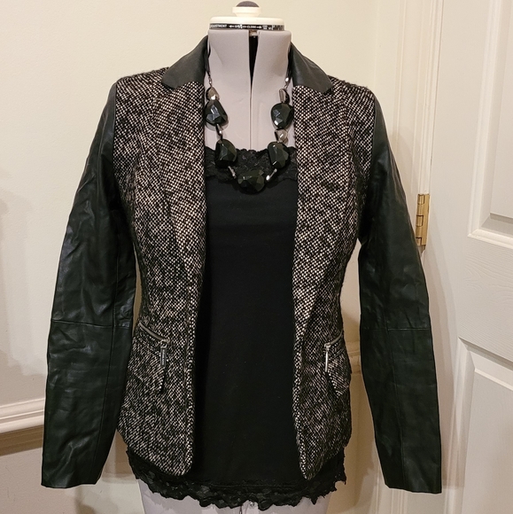Michael Kors Tweed Wool And Faux Leather Blazer Size 2 - Picture 7 of 16
